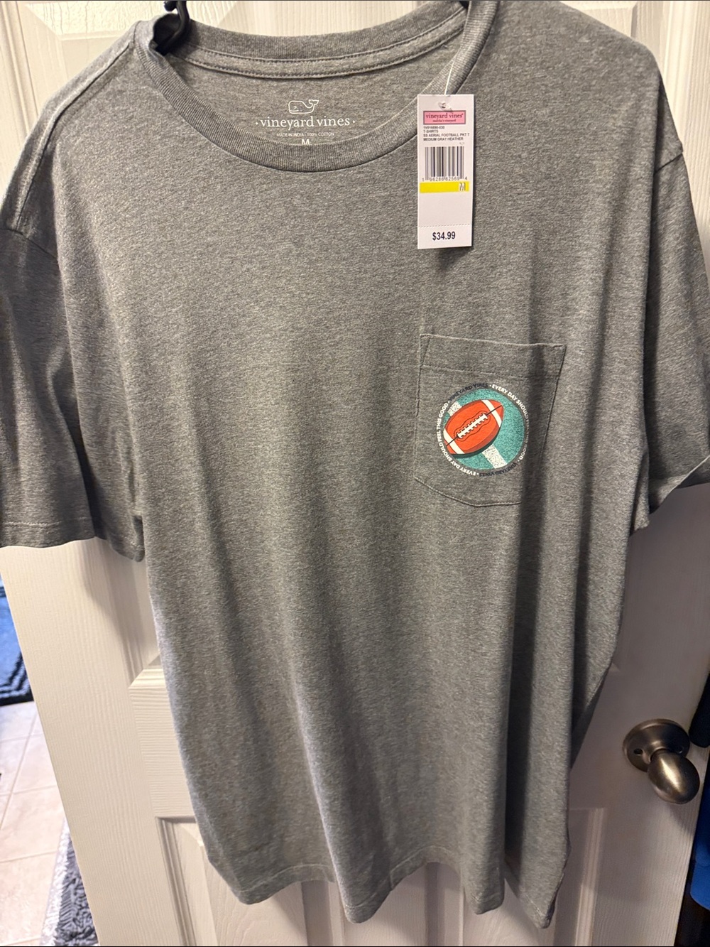 Vineyard Vines Gray Short Sleeve Pocket Tee with Football Patch - Picture 1 of 5